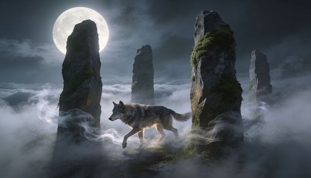 Lone wolf slipping through fog between moss-covered standing stones under full moon