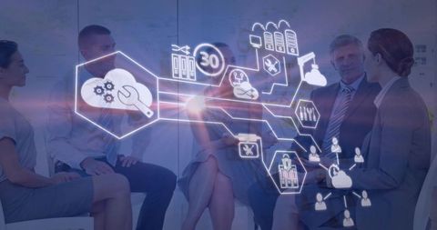 Executives collaborating around futuristic hexagonal tech interface and cloud hologram