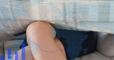 Caucasian woman reading newspaper with virtual data overlay