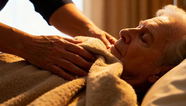 Caregiver tucking blanket around resting senior man under warm bedside light