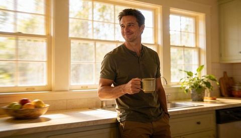 Sunlit man leaning on kitchen counter holding coffee mug, cozy contemplative morning home