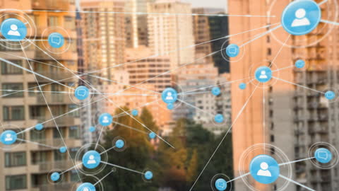 Digital Network Concept with Icons Over Urban Cityscape