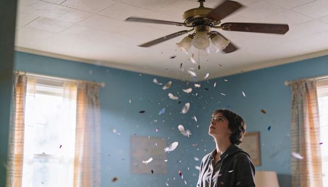 Teenager gazing upward while feathers and glitter drift down through sunlit blue room