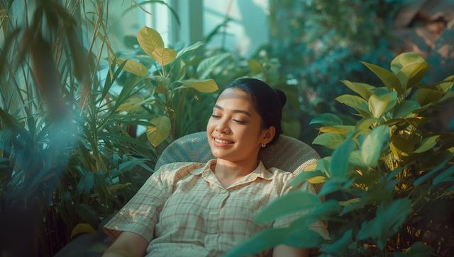 Asian woman enjoying peaceful moment in plant-filled oasis