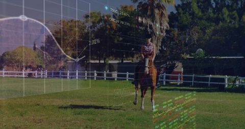 Woman riding chestnut horse in sunny pasture with finance data overlay