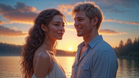 Romantic cute couple smiling at sunset on scenic lakeshore