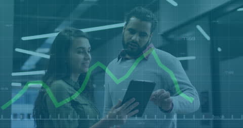 Diverse Business Professionals Analyzing Financial Data on Tablet