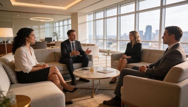 Executive team discussing strategy in modern lounge with panoramic city skyline view