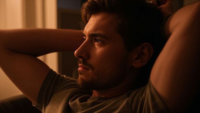 Young man reclining on sofa with arms behind head in warm amber evening light