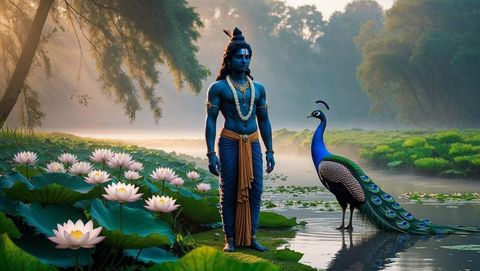 Spiritual serenity of krishna, the blue-skinned deity by tranquil pond