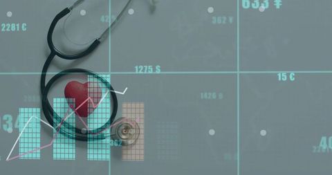 Stethoscope Encircling Heart Showing Financial Charts and Healthcare Cost Data Trends
