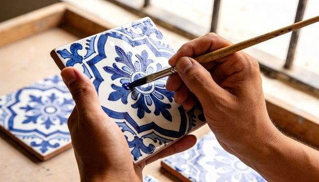 Artisan hand-painting indigo floral ceramic tile with brush at sunlit workbench