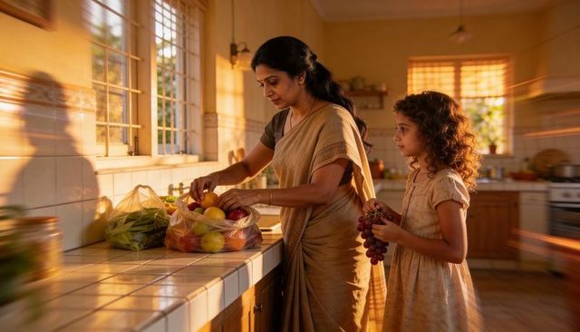 Indian mother in sari and daughter unpacking groceries in sunlit kitchen, healthy produce