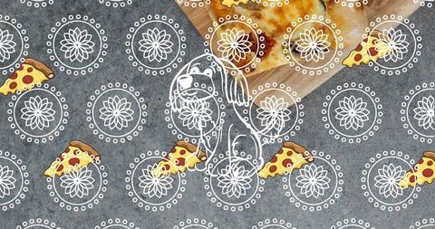 Creative pepperoni pizza with mandala and cartoon elements