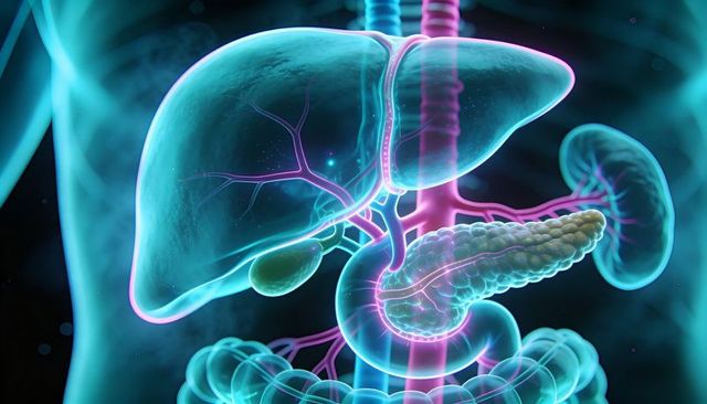 Translucent 3D abdominal anatomy showing liver, gallbladder, pancreas and biliary ducts