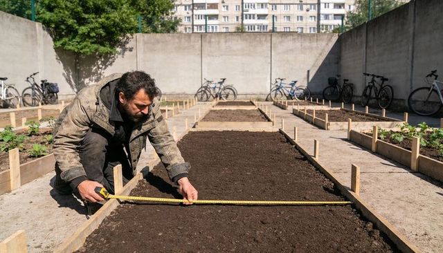 Urban community gardener measuring raised bed with tape measure for planting plan