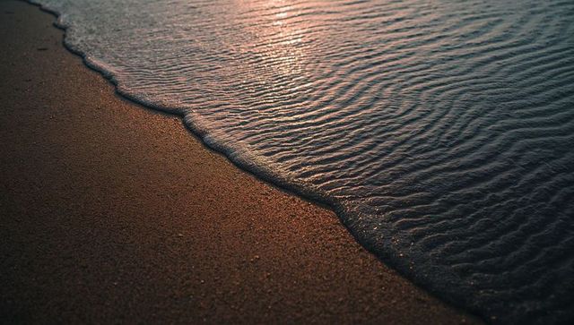 Golden hour shoreline close-up showing rippling water meeting wet sand texture