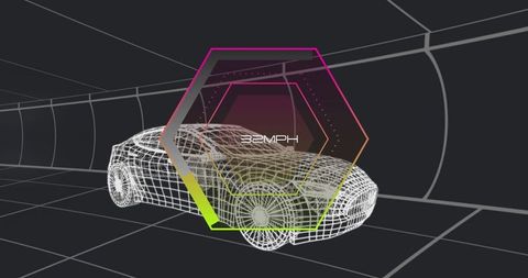 Futuristic wireframe sports car speeding in virtual tunnel