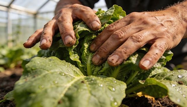 Inspecting soil-stained hands tending crisp lettuce in greenhouse with dewdrops