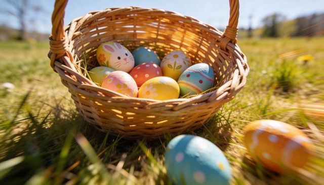 Wicker basket overflowing with painted easter eggs in sunlit spring meadow