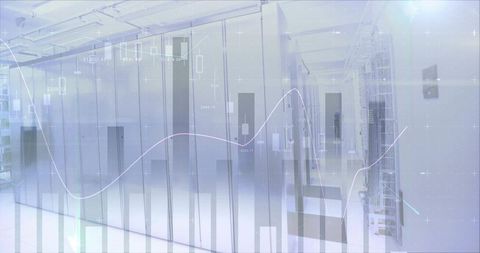 Futuristic data center corridor with glowing glass server cabinets and financial charts overlay