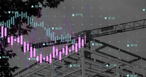 Image showcases financial data processing overlaid on an ongoing construction site, capturing a fusion of physical building development and digital market analytics. Ideal for presentations focusing on real estate investment, construction industry analysis, or showcasing trends in global economic development. Suitable for illustrating the intersection of business growth and technology-driven data insights.