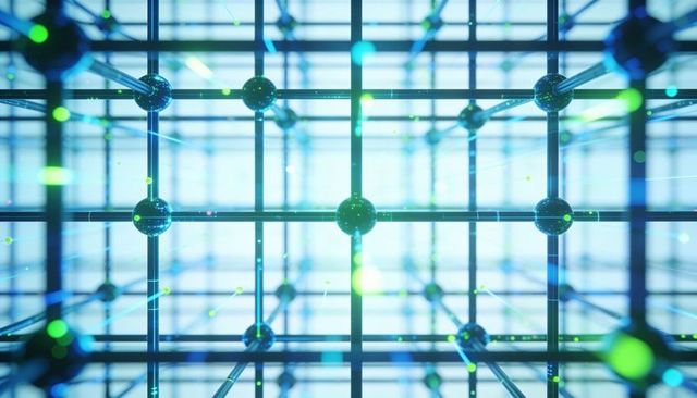 3d cubic lattice showing glossy nodes and cyan glowing connections for tech concepts