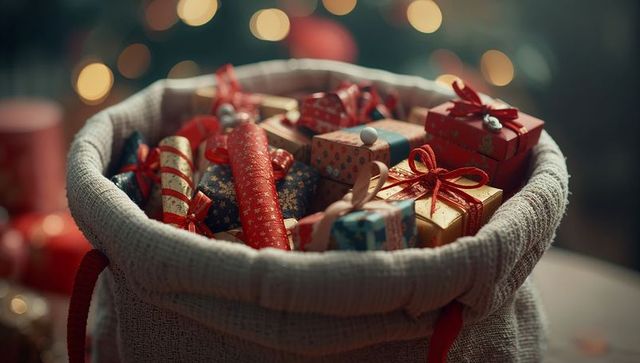Festive Linen Bag Filled with Wrapped Holiday Gifts