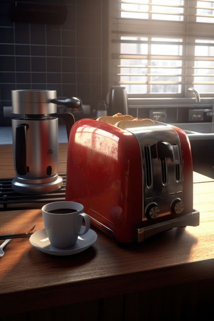 Retro red toaster with toasts on wooden surface in kitchen, created using generative ai technology. Toaster, food preparation and kitchen appliances concept digitally generated image.