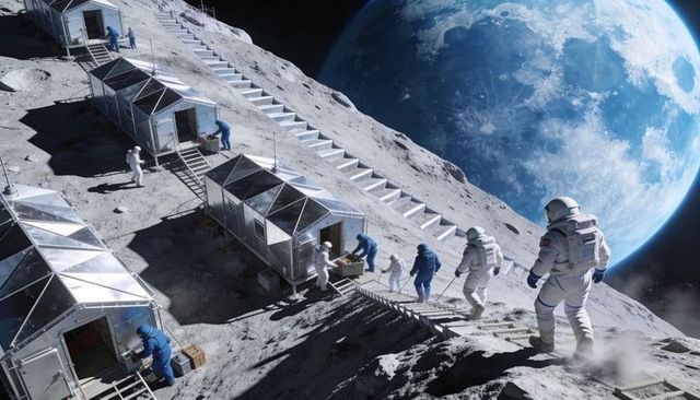 Astronaut Observing Moonbase Crew Hauling Cargo on Steep Lunar Slope with Earthrise