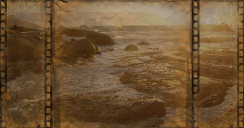 Vintage Film Overlay with Rustic Ocean Rocks Under Sun