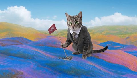 Tabby cat in gray suit planting flag on vibrant surreal hills with psychedelic colors