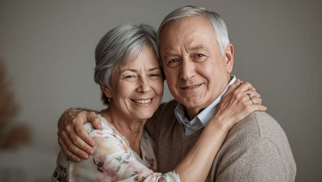 Smiling senior couple embracing, sharing affectionate moment and wedding rings