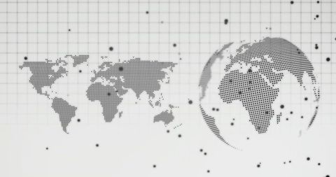 Halftone world map and globe on minimalist digital grid for global network data visualization