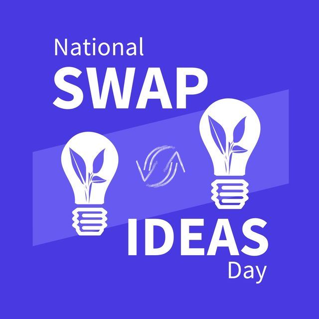 Illustration features National Swap Ideas Day text with white light bulbs on a blue background. Ideal for promoting creativity, idea-sharing events, workshops, and collaborative projects. Suitable for educational and business environments emphasizing collaboration and innovation.