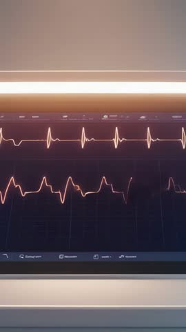 Vertical video showing ECG monitor displaying dual heart waveforms in clinical exam room