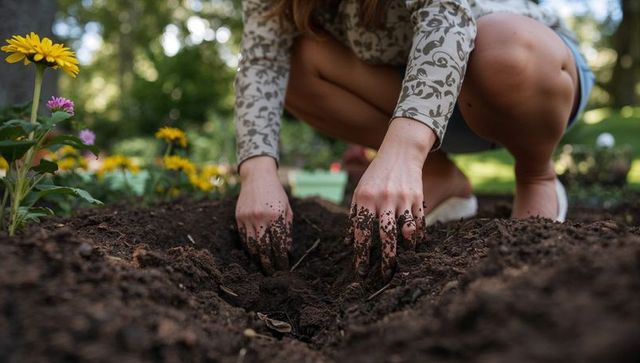 Kneeling gardener digging soil with bare hands in backyard flower bed planting sunny blooms