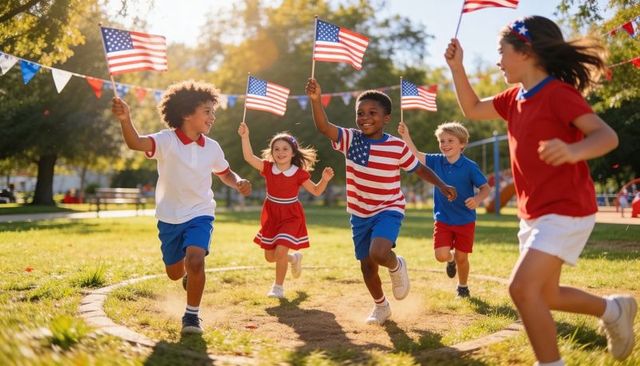 Running kids waving american flags in patriotic fourth of july park celebration