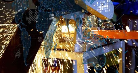 Industrial worker grinding metal beam with tech overlay