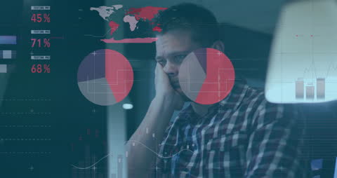 Tired Professional Analyzing Business Data with Futuristic Interface