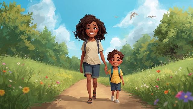 Caregiver and child walking hand in hand on sunlit meadow trail, joyful outdoor bonding
