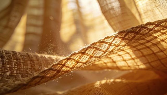 Golden backlit braided jute rope closeup showing woven curtain texture and dust motes