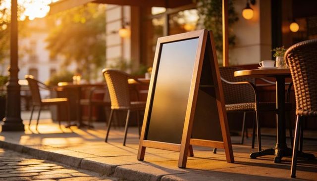 Blank wooden a-frame chalkboard standing outside sunlit sidewalk cafe at golden hour