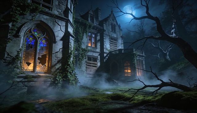 Moonlit gothic manor with broken stained-glass, boarded windows, haunting fog, ivy-covered grounds