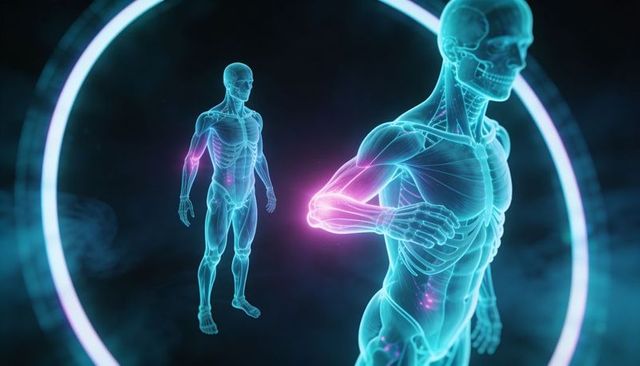 Holographic Human Anatomy Model Displaying Muscles and Skeleton with Neon Portal Ring