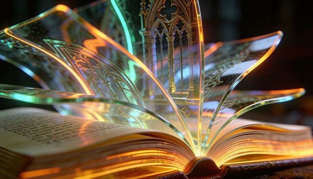 Glowing gothic book with crystal tracery pages, gilded edges and luminous golden bokeh light