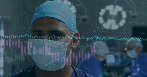 Surgeon in Operating Theatre with Medical Data Overlay