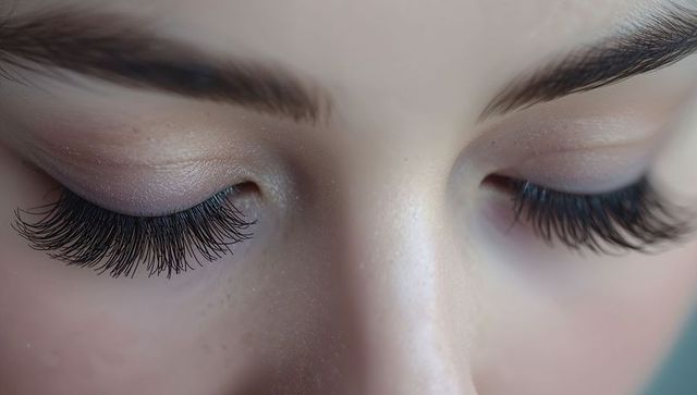 Close-up showing closed eyes with long eyelash extensions, soft eyeshadow and groomed brows