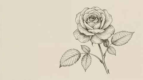 Elegant etching of open rose drawing bloom on cream backdrop