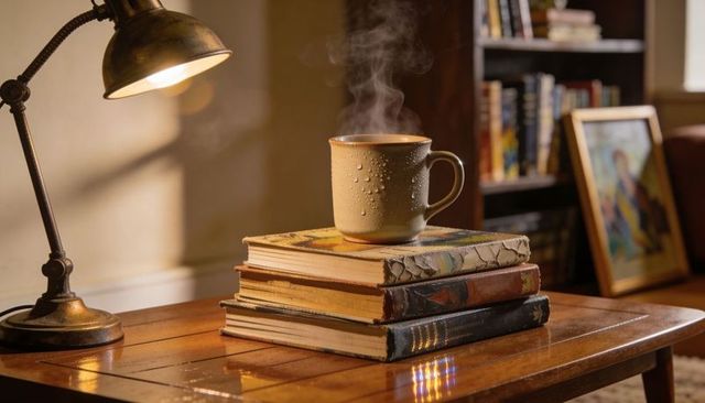 Steaming ceramic mug on worn hardcover books by brass lamp in cozy reading nook warm wood glow